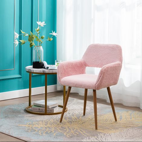 Silla de comedor de peluche sintético rosa con reposabrazos, estilo mid-century (1/5)