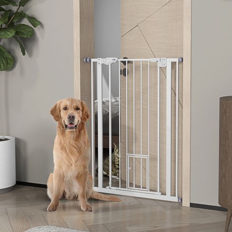 Barrière pour Chiens Réglable Haute avec Petite Porte et Fermeture Automatique, 74-80x104cm, Blanc (1/5)