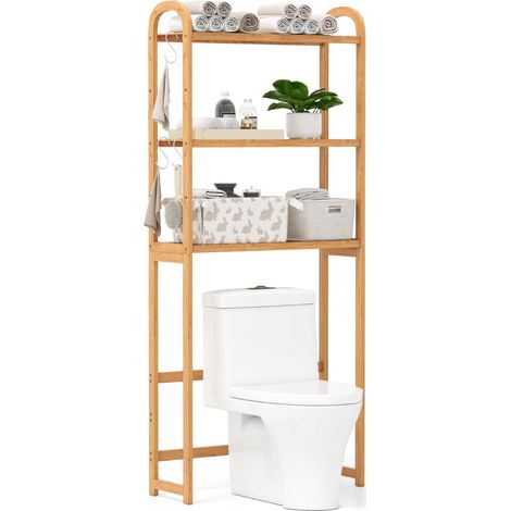 Organizzatore per bagno in bambù a 3 livelli con ripiani a 5 posizioni, Scaffale di stoccaggio sopra il WC per lavanderia Naturale (1/4)