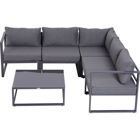Ensemble de mobilier de pliable personnes pour salon pour jardin pièces, canapé jardin, aluminium polyester verre trempé, gris, fauteuils, d'angle, table d'appoint, coussins, (1/5)