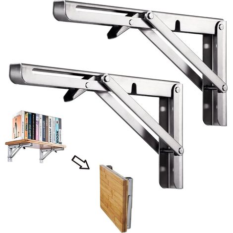 Étagères Pliants en Acier Inoxydablede 200mm, Étagère murale Pliante, Triangulaires Cadre de Support, Pour tables, Bancs et étagères, (2 pièces) Argenté