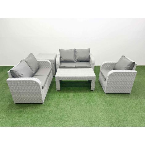 Fimous High Back Poly Rattan Garden Furniture Set with Reclining Chair Loveseat Sofa Oblong Coffee Table Indoor Outdoor Patio  Set Side Table Light Grey (1/4)