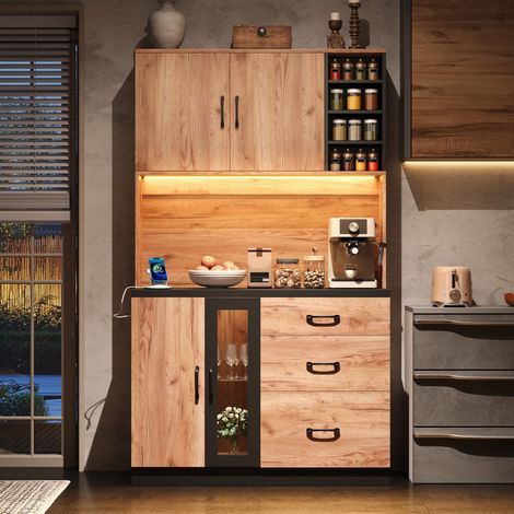 Credenza da cucina alta 105x40x180 cm - Design moderno in nero e legno con illuminazione a LED, vetrina e prese integrate - Naturale e nero (1/5)