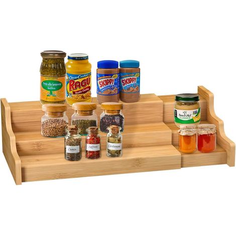 Étagère à épices/rangement pour placard de cuisine - 3 niveaux - présentoir extensible en bambou - télescopique (1/3)