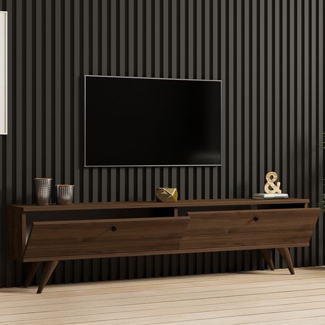 Mueble TV Atestino, 2 compartimentos, 2 puertas, apertura abatible, 160x25x40h cm, color marrón nogal (1/5)