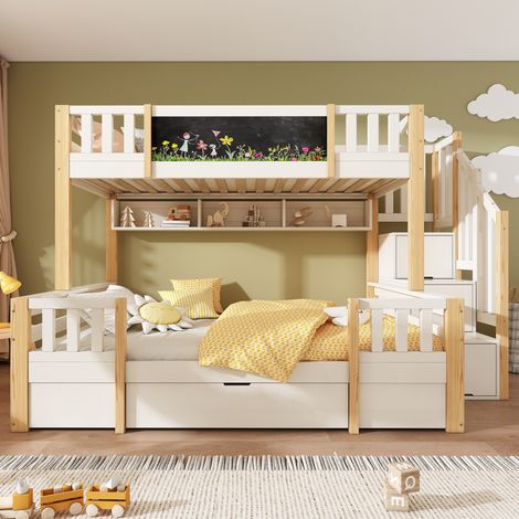 Lit superposé 3 places 90x200+140x200 bois massif, escalier rangement, ardoise, tiroirs,bois (1/5)