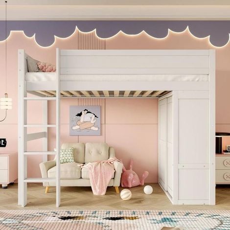 Lit mezzanine - KOMHTOM - 90x200 cm - Pin massif & MDF - Armoire et rangements - Sommier à lattes (1/5)
