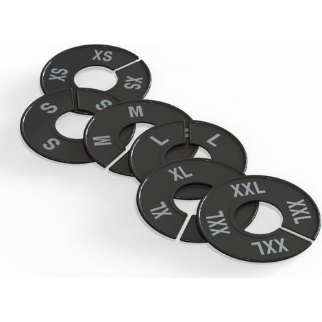 Clothing Size Divider - Round Rack Insert - XS to XXL - Hard Plastic - Black with Silver Print - 36 Pieces (1/5)