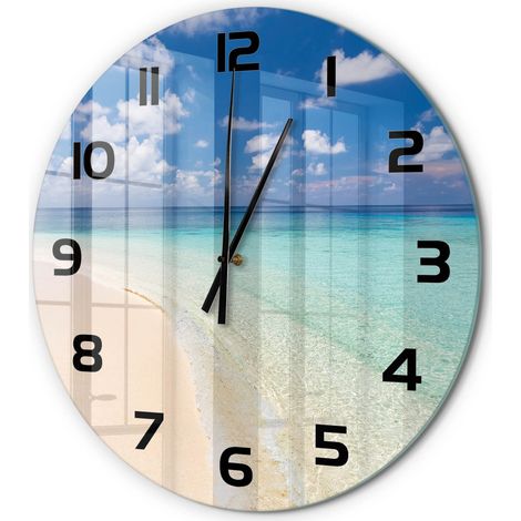 Horloge Murale Ronde Déco Cuisine Verre Trempé Silencieuse Design Moderne Plage aux Maldives fi 60 cm (1/5)