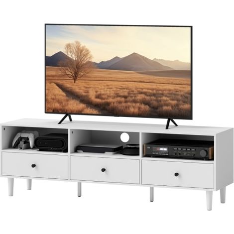 Meuble TV / Banc TV (avec tiroirs et 3 compartiments ouverts) — Console longue et basse (avec système de gestion des câbles) — Compatible avec les téléviseurs jusqu'à 75 pouces — Meuble TV pour salon