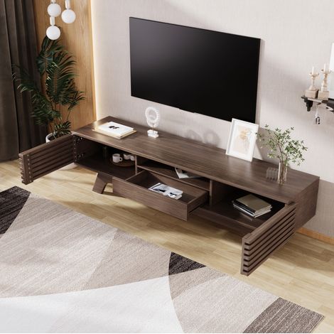 Mueble TV 150x35x44 cm natural en tablero de partículas con 2 puertas, 1 cajón y pasacables (1/5)