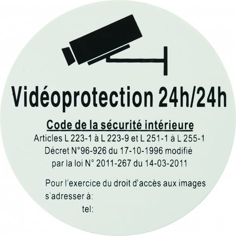 Targa segnaletica adesiva Ø 80 mm, "Vidéoprotection 24/24" (Videosorveglianza 24 ore su 24) – THIRARD