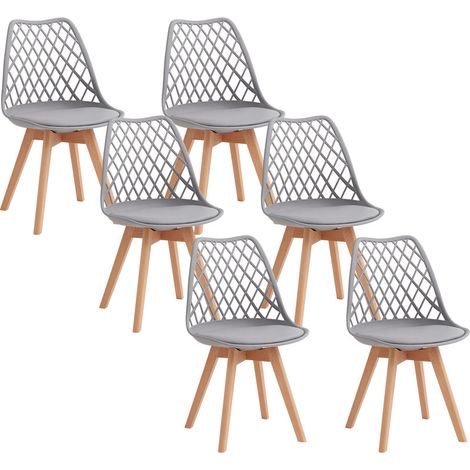 Wokaka Confezione da 6 sedie - Sedie da pranzo - Scandinave - Schienale a rete - Cuscino seduta in pelle (Grigio)
