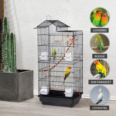 Cage à oiseaux volière dim. 46L x 35.5l x 99H cm - 4 mangeoires, 3 perchoirs, 2 portes, plateau déjection - noir (1/5)