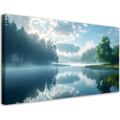 Quadro su tela, Paesaggio lago montagne nebbia natura, 80x40 (1/5)