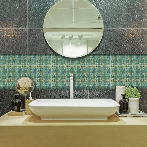 Autocollants à décoller et recoller façon carrelage mosaïque pour carrelage mural et de sol, crédence, décoration d’intérieur, cuisine, salle de bains, autocollants mosaïques, couleur vert métallisé (1/5)
