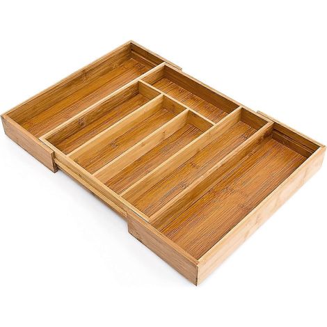 Organisateur de tiroir de cuisine réglable à 5-7 compartiments, plateau à couverts en bois de bambou, télescopique, pour placard ou bureau, nature (1/5)