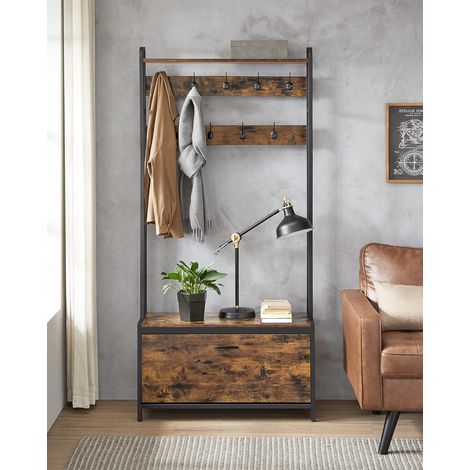Vasagle – Portemanteau vestiaire d’entrée avec banc – 9 crochets – Étagère 30 x 85 x 180 cm – Charge max 100 kg – Style industriel marron noir (1/5)