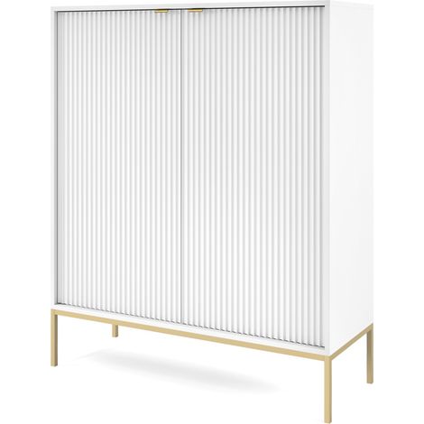 Kommode 100 cm Galla - Sideboard 2-türig mit Beinen & geriffelten Fronten - goldene Griffe - Wohnzimmerkommode (Weiß + Gold) (1/5)