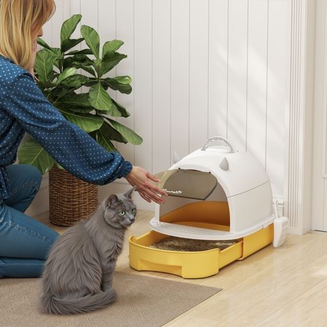 Maison de toilette pour chat bac à litière fermé chat poignée de transport porte translucide (1/5)