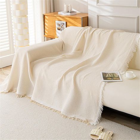 Jeté de canapé à carreaux grande taille, jeté de canapé avec pompons, couverture réversible pour canapé (blanc crème, 90 x 150 cm) (1/5)