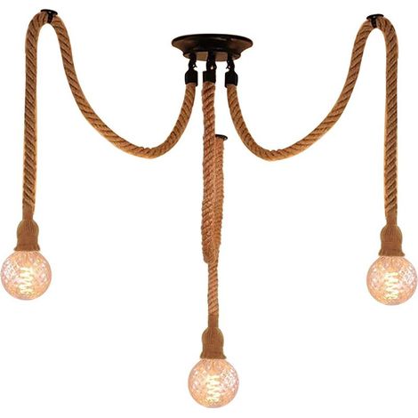 Lampe À Suspension en Corde de Chanvre 3XE27 Plafonnier Vintage Lampe Suspendue Rétro Pour Salon, Salle À Manger, Bar, Balcon (1/5)