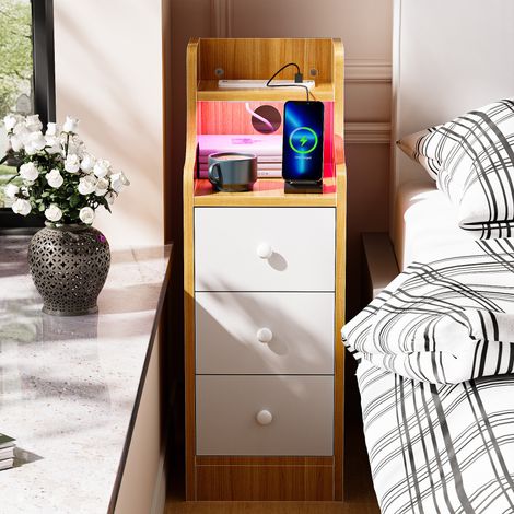 Table de chevet bois 3 tiroirs lampe réglable prise 2AC+2USB rangement chambre salon (1/5)