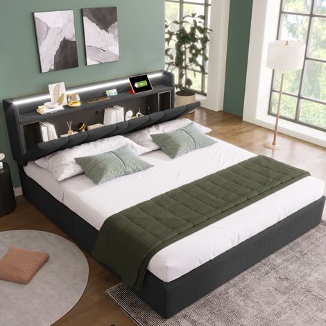 Letto contenitore 140x200 cm con testiera contenitore, USB, LED, grigio HAVRYA (1/5)