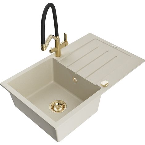 Mexen Bruno lavello in granito a 1 vasca con sgocciolatoio e rubinetto da cucina Duo, beige - 6513-69-671701-57-G (1/5)