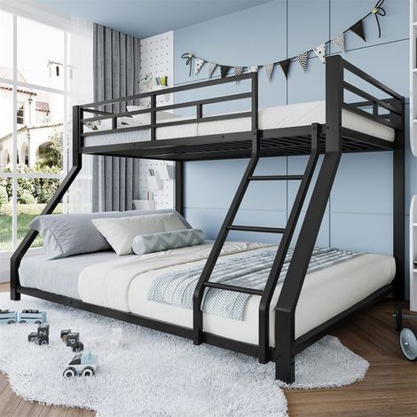 Lit superposé 90x200 cm140x200 cm, avec rampe et marche, certifié en747, sans matelas, métal, noir (1/5)