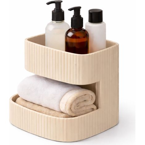 Un moderno organizer da bagno a due livelli, di colore beige. (1/3)
