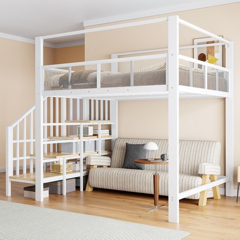 Lit mezzanine 140x200 cm en métal blanc avec escalier de rangement, espace sous lit et baldaquin (1/5)