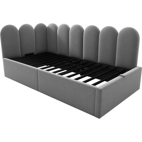 Polsterbett 90x200 cm aus grauem Samt mit hydraulischem Stauraum und Metalllattenrost (1/5)