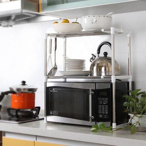 Wyctin – Étagère de rangement extensible 2 étages en acier inoxydable – Support pour four à micro-ondes – Base antidérapante – Dimensions 63 x 24 x 47-87 cm (1/5)