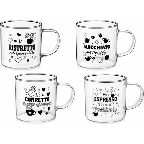 Tazze da caffè in vetro borosilicato con manico e scritte a tema, in scatola, set da 8 pezzi, Ø 7 cm x 7 H