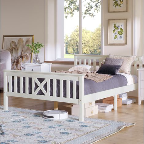 Letto matrimoniale in legno massello bianco 140x200 cm con testiera a X e rete a doghe inclusa (1/5)