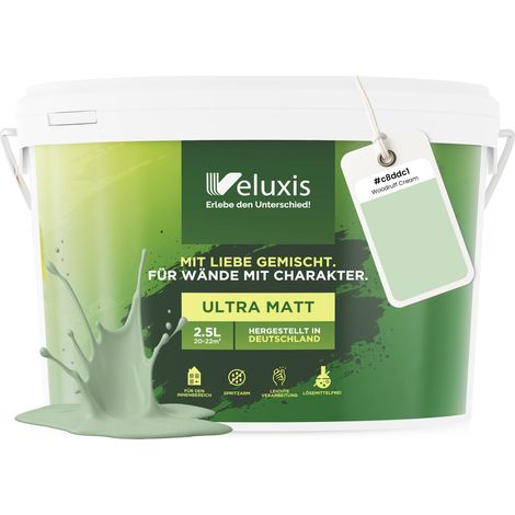 Wandfarbe Grün Hellgrau Mintgrün Matt Innenfarbe – Deckkraft Klasse 1, VOC-frei, Ohne Grundierung, Tropfarm – Wohnzimmer & Schlafzimmer – 2,5L – Veluxis (Woodruff Cream)