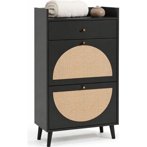 Scarpiera con 2 Ante e 1 Cassetto, Ripiano Rimovibile, Frontale Effetto Rattan, per Ingresso, Nera (1/5)