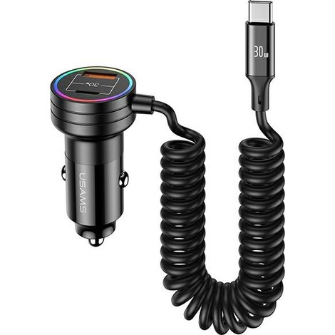 USAMS Ład. sam. 2xUSB-C 1xUSB-A C33 60W avec câble à ressort Charge rapide noir CC167CC01 (US-CC167)