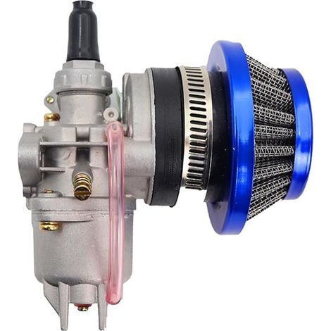 Vergaser-Set + 44-mm-Stahlluftfilter + Batterie, kompatibel mit 47-cm³- und 49-cm³-Minimotos, Dirtbikes, Pocketbikes, ATVs, Quads, Go-Karts und Minimotos – blauer Filter (1/5)