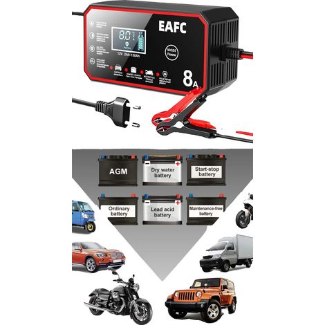 Chargeur de batterie de voiture, Système de charge intelligent, Affichage LCD, 12V 8A prise EU (1/2)