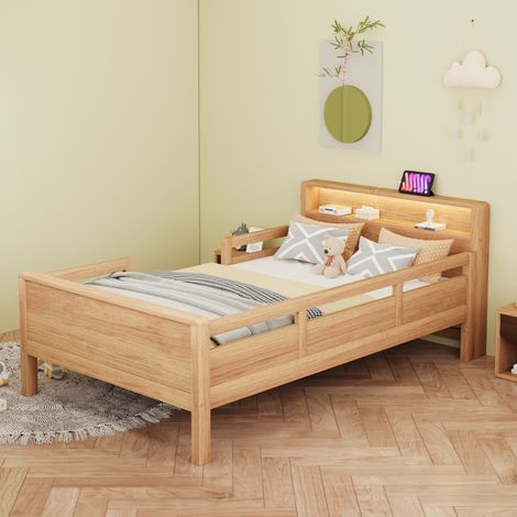 Cama individual infantil 90x200 cm de pino con LED, USB Type-C y estante (1/5)