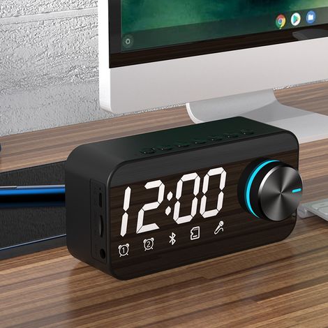 Haut-parleur d'alarme Bluetooth multifonctionnel - Avec écran miroir, affichage de la température, radio FM et réduction du bruit - Pour la maison et le bureau - Noir (1/5)