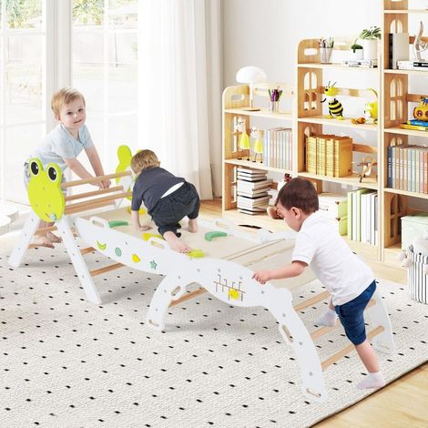 Pliable et facile à ranger, triangle d'escalade Montessori 3 pièces avec arche, rampe double face et toboggan (1/4)
