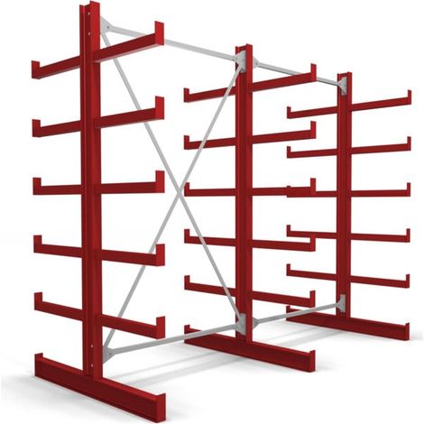 Rayonnage à bras en porte-à-faux STIER, double, 2 travées avec 5 niveaux 2600x2000x500 mm, rouge feu