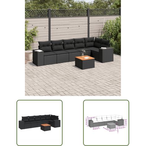 The Living Store Salon de jardin 7 pcs avec coussins noir résine tressée - Ensemble Salon De Jardin - Meuble De Jardin - Jardin Extérieur - Mobilier De Jardin - Chaise Lounge
