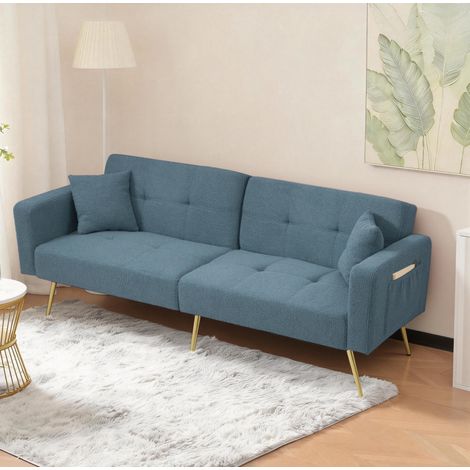 Sofá cama en tejido efecto lana de cordero azul antiguo 175 cm, respaldo regulable y bolsillos laterales (1/5)