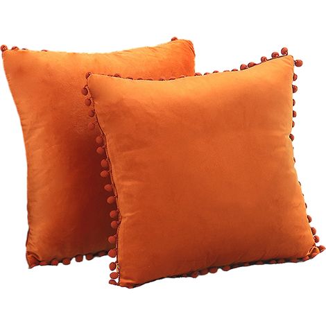 Lot de 2 housses de coussin décoratives carrées en velours à pompons, orange, 50 x 50 cm.