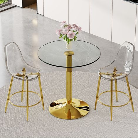Set bar rond Ø89 cm en verre et métal doré, 2 tabourets transparents, pour petit espace – MEUBLIV (1/5)