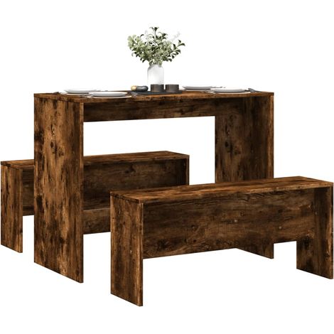 3-tlg. Esstisch und Bank Set Räuchereiche Holzwerkstoff